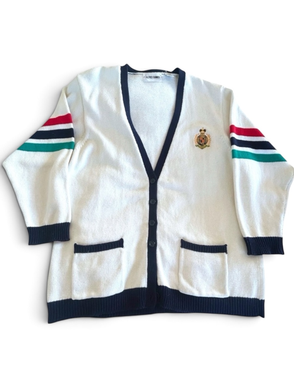 Vintage 80-90s Preppy Collegiate Ivory Crested Striped Cardigan L Princess Diana